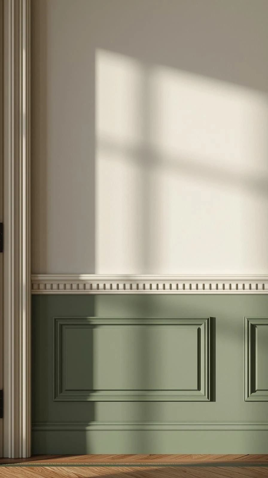  Un mur d'entrée avec des moulures décoratives (soubassement) peintes en vert sauge, ajoutant du caractère à un decor entree de maison chic.