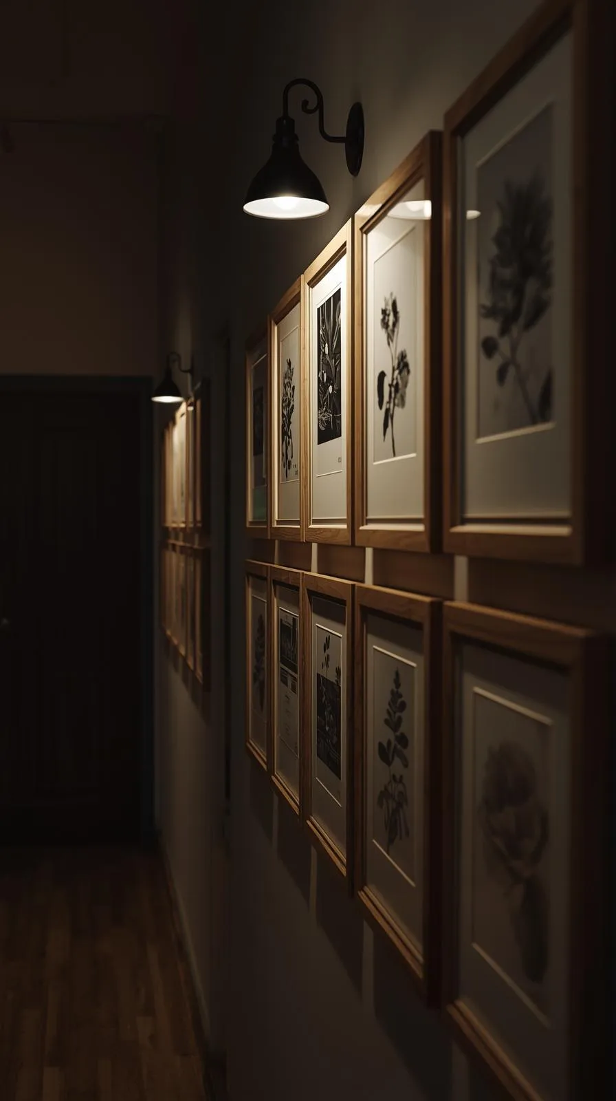 Une galerie de cadres identiques en bois clair, alignés le long d'un mur de couloir sombre, éclairée par des appliques murales noires de style vintage.