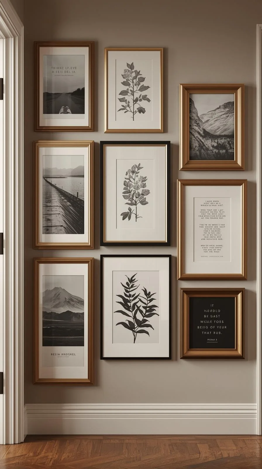 Une galerie de cadres de différentes tailles (or et noir) avec des illustrations en noir et blanc, créant un mur personnalisé pour un decor entree de maison.