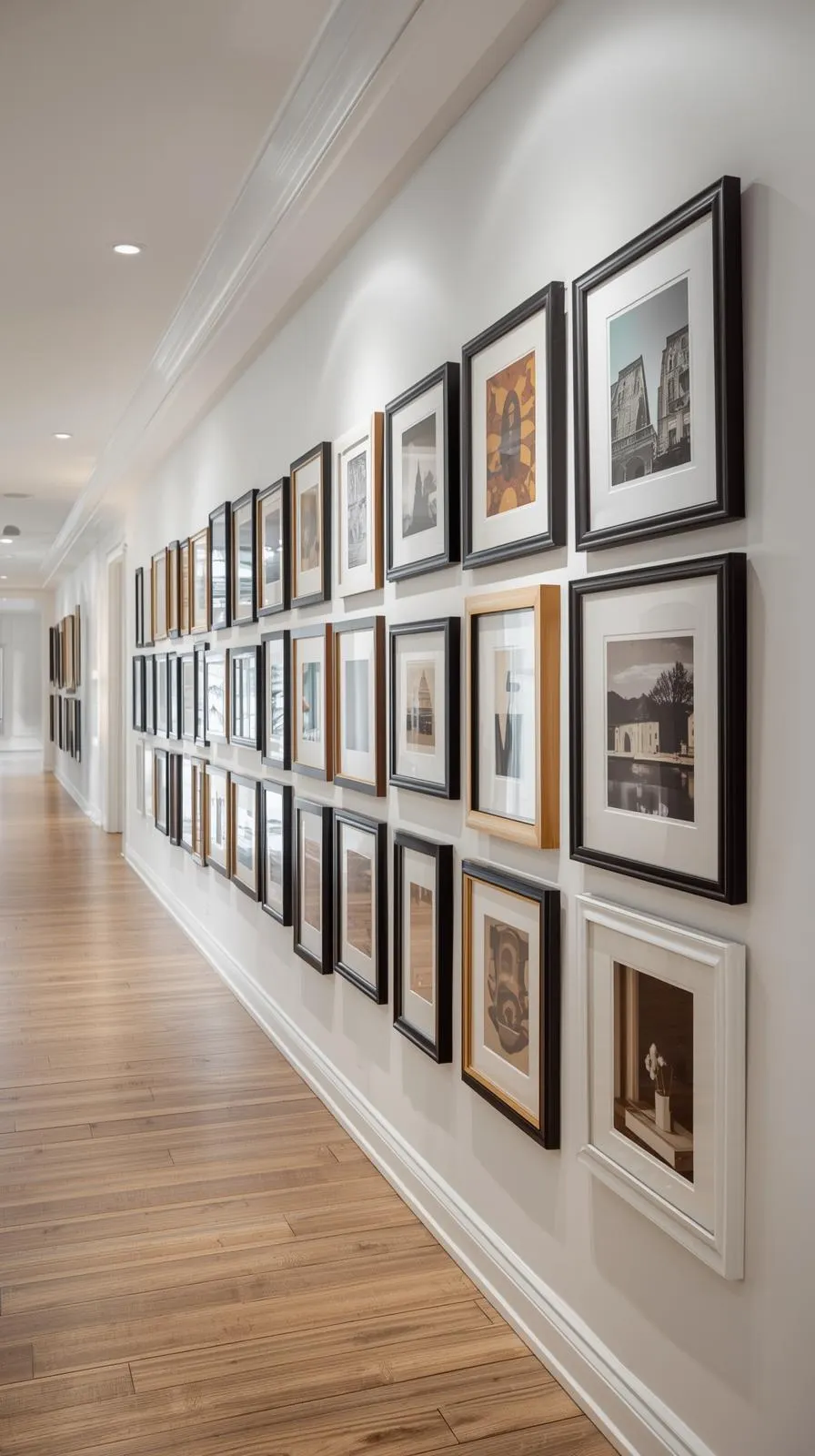 Un long mur blanc dans un couloir transformé en galerie d'art, avec des dizaines de cadres noirs et bois de différentes tailles, vus en perspective.
