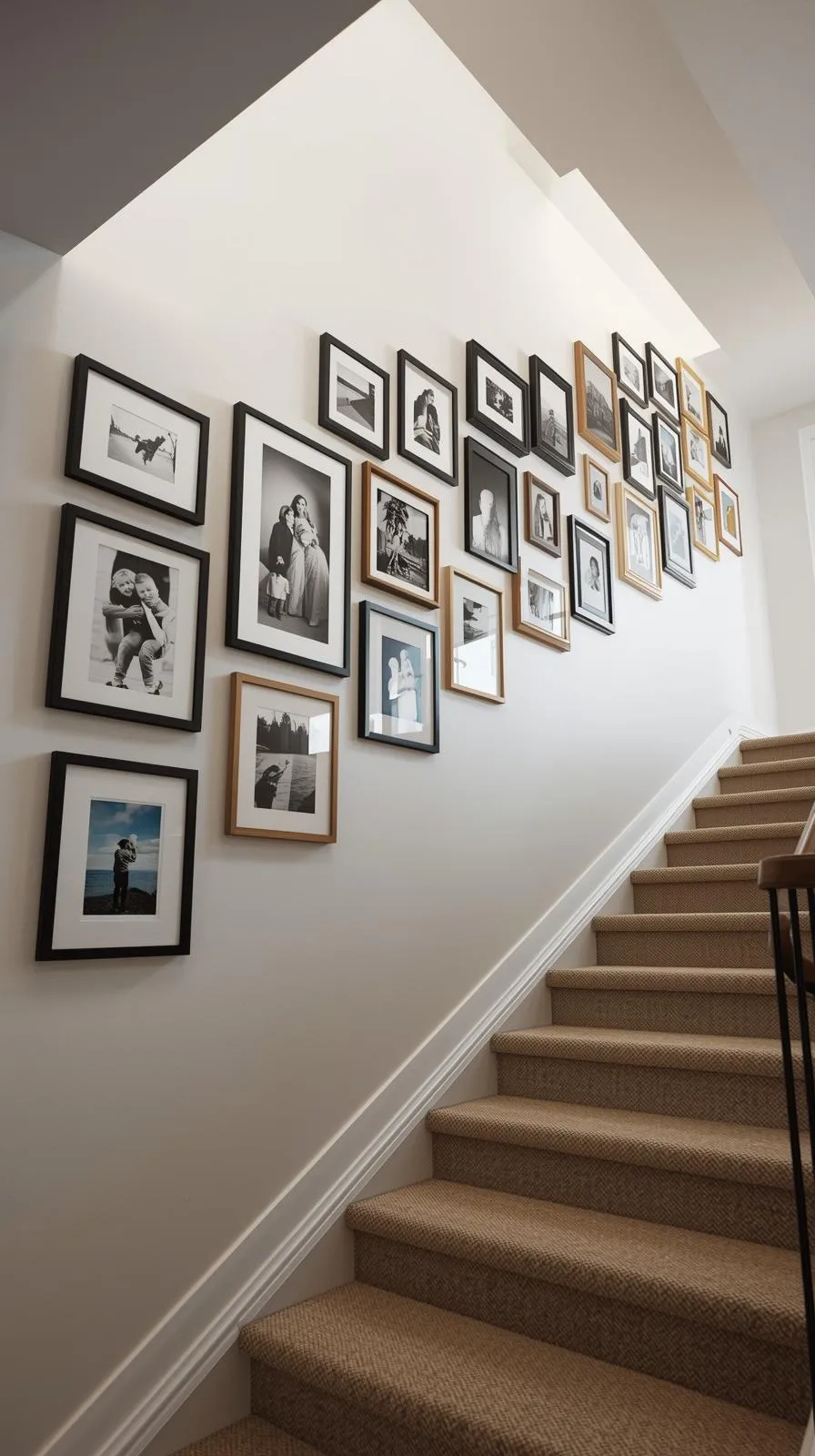 Un mur d'escalier blanc décoré d'une galerie de photos de famille dans des cadres noirs et bois, montant avec les marches.