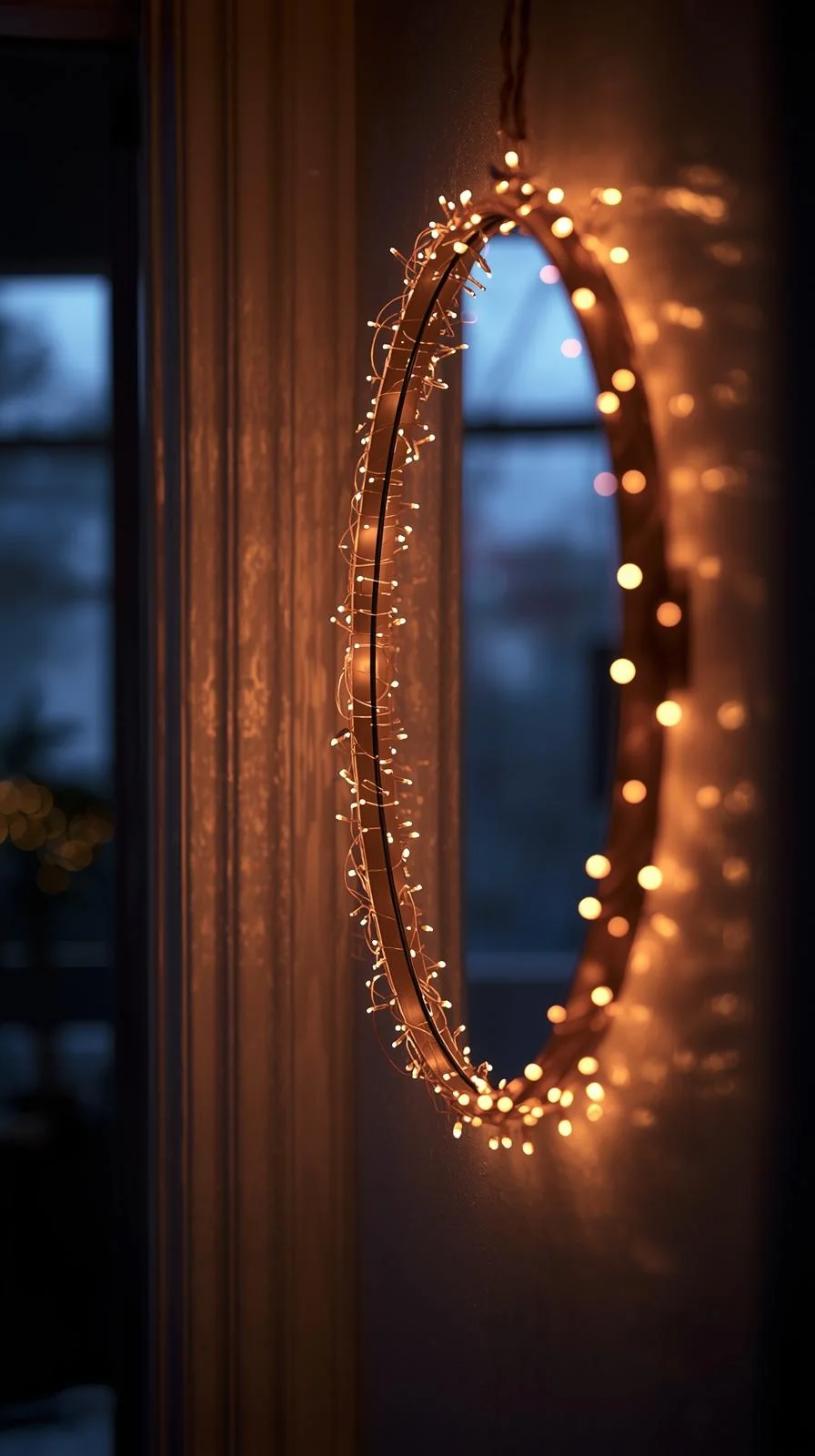 Une guirlande lumineuse LED blanc chaud enroulée autour d'un miroir rond, créant une ambiance magique et cosy pour un decor entree de maison.