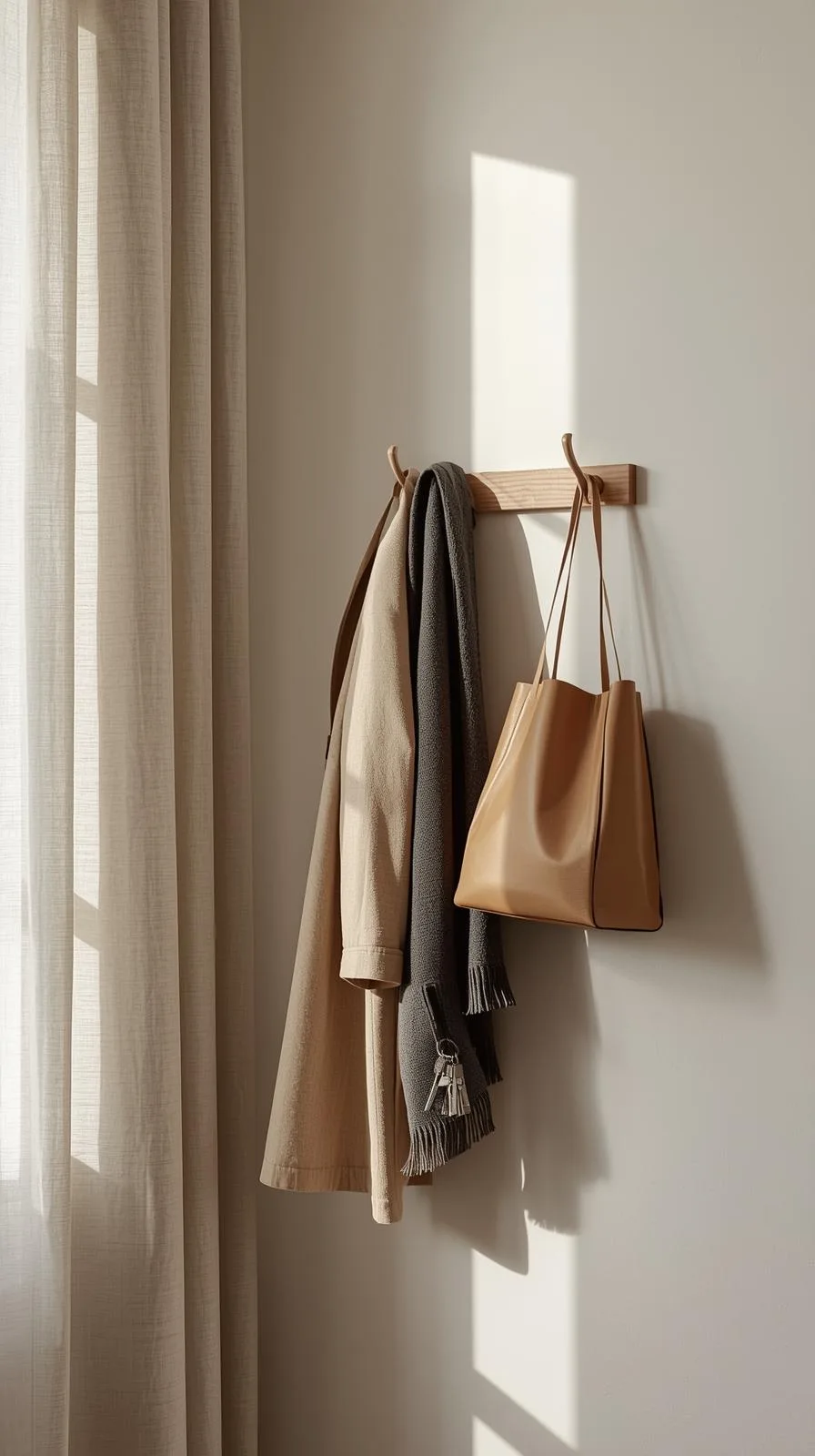 Patères murales en bois design avec un manteau, une écharpe et un sac suspendus, solution de meuble d'entrée gain de place.