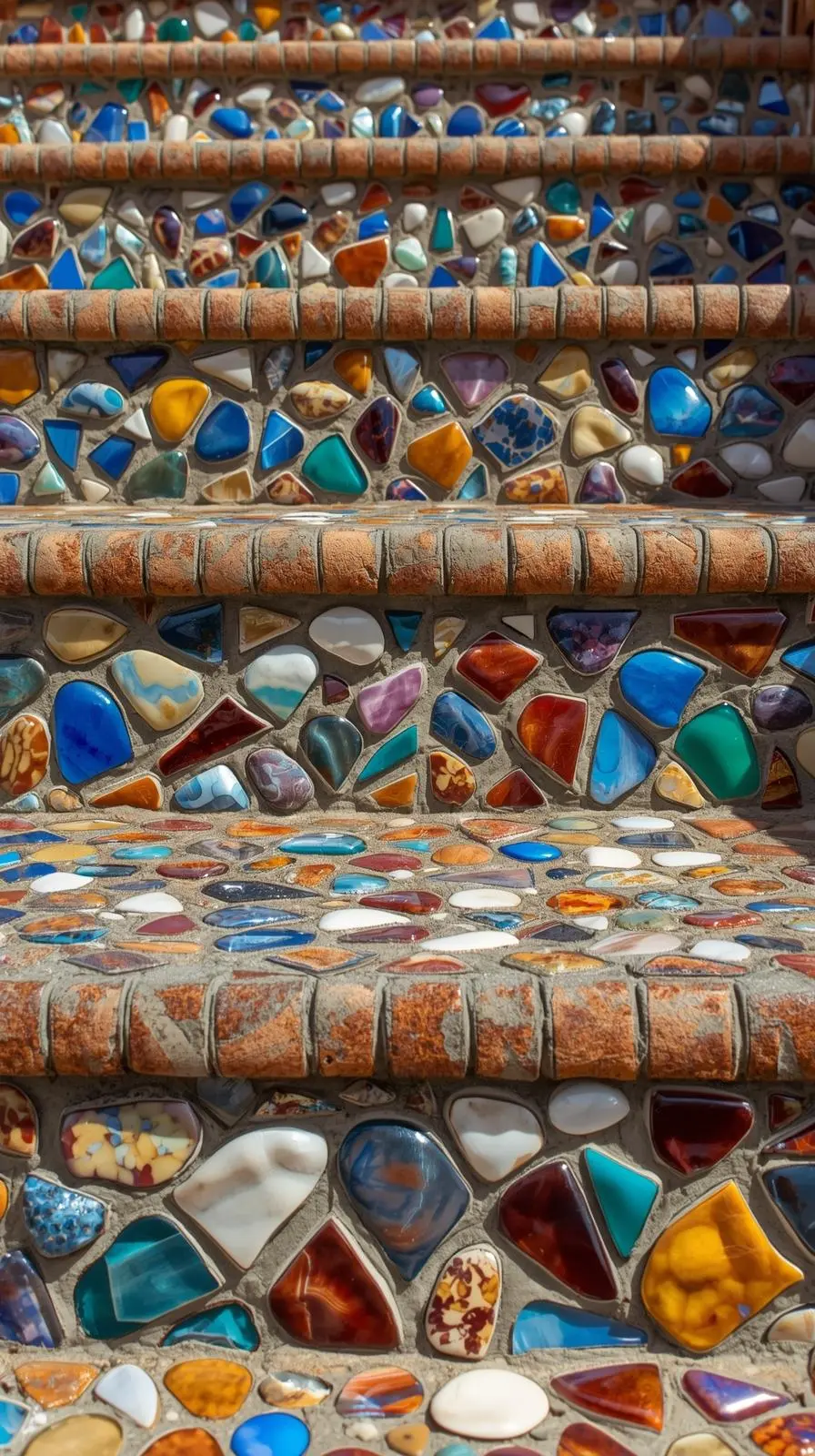 Gros plan sur des contremarches d'escalier décorées d'une mosaïque artisanale faite de morceaux de carrelage et de verre colorés (bleu, jaune, rouge).