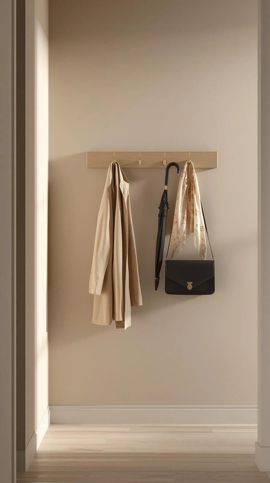 Une patère murale design en bois clair fixée sur un mur beige, tenant un manteau, un parapluie et un sac à main, libérant ainsi l'espace au sol.