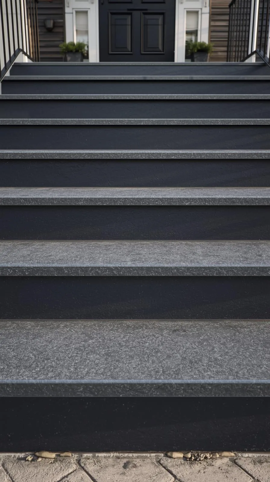 Marches d'entrée peintes en gris anthracite foncé avec des bandes de roulement texturées, menant à une porte d'entrée noire.