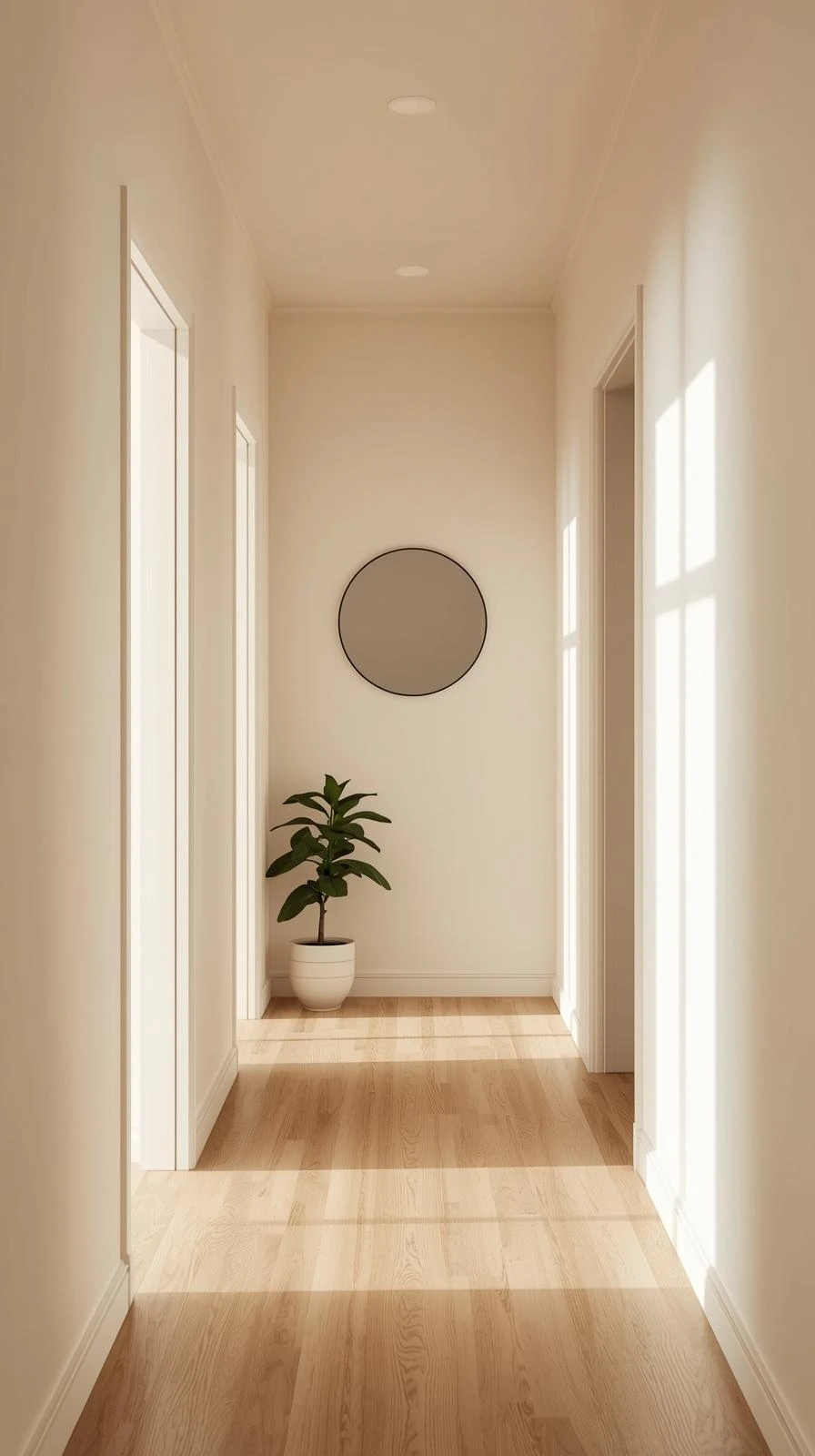  Un couloir d'entrée étroit mais très lumineux, entièrement peint en blanc cassé, avec un sol en parquet clair, un miroir rond et une plante verte pour la touche déco.