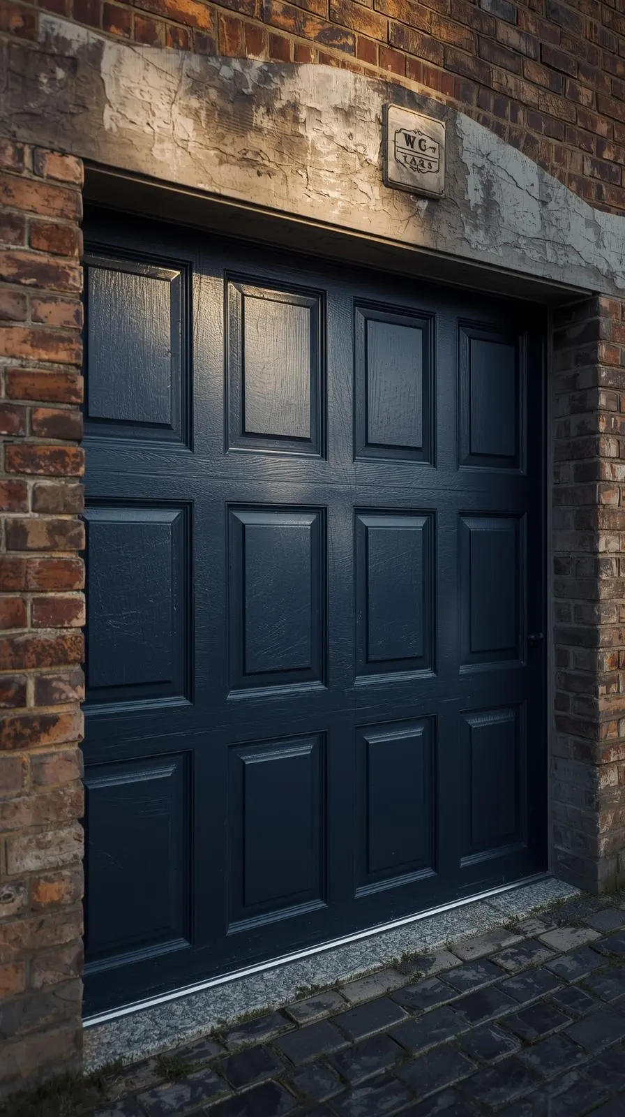 Une porte de garage sectionnelle moderne, peinte dans une couleur sombre tendance comme le bleu canard ou le gris anthracite, encadrée par un mur de briques.