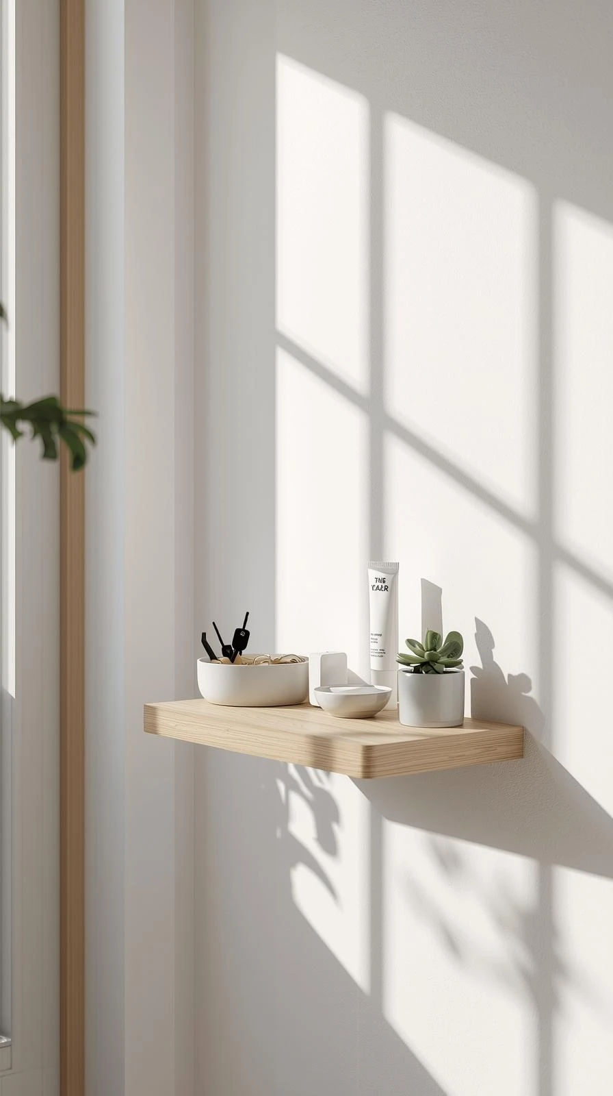 Petite étagère flottante en bois servant de vide-poche minimaliste dans une entrée pour poser clés et petits objets.