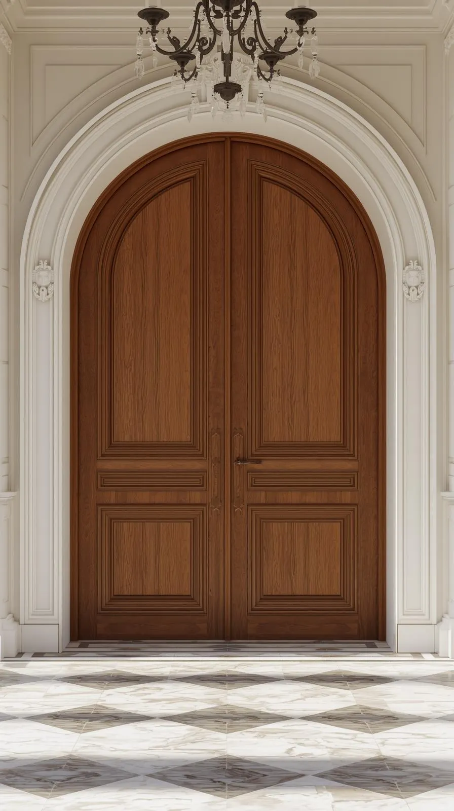 Une porte d'entrée ancienne majestueuse à double vantaux, cintrée, en bois clair, dans un hall d'entrée en marbre.