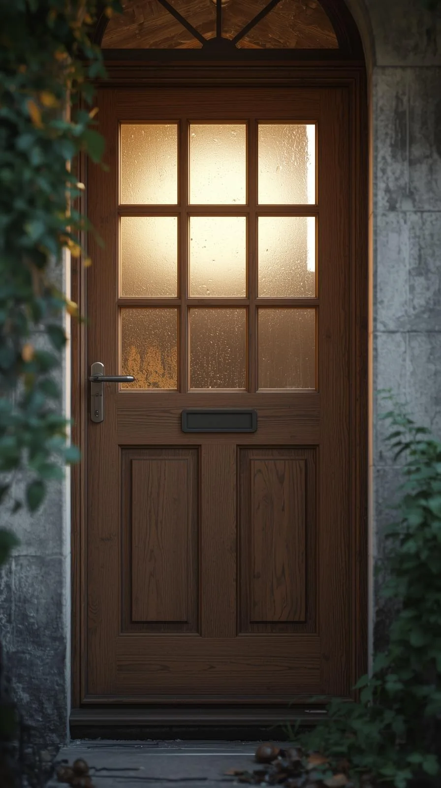 Une porte d'entrée ancienne en bois de style cottage, avec 9 petits carreaux vitrés et dépolis en partie haute.