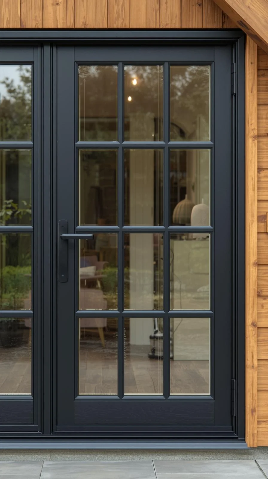 Une grande porte d'entrée double vitrée style atelier, en acier noir mat avec des carreaux, installée sur une façade en bois.
