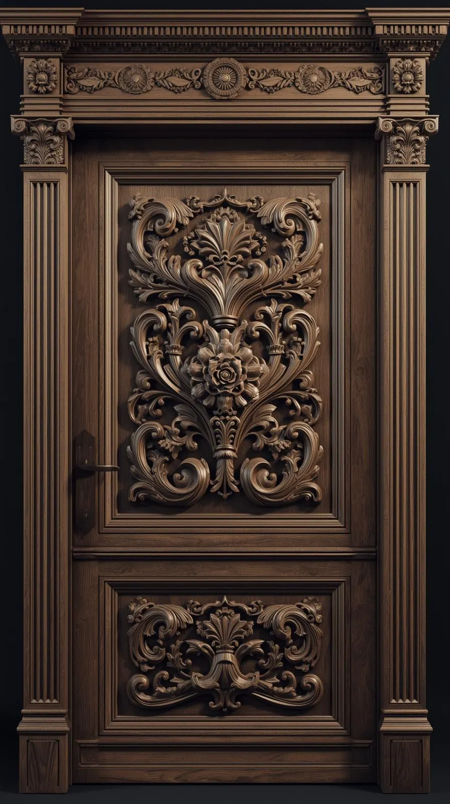 Une porte d'entrée ancienne en bois sombre, avec des sculptures en haut-relief très détaillées (motifs floraux, volutes).