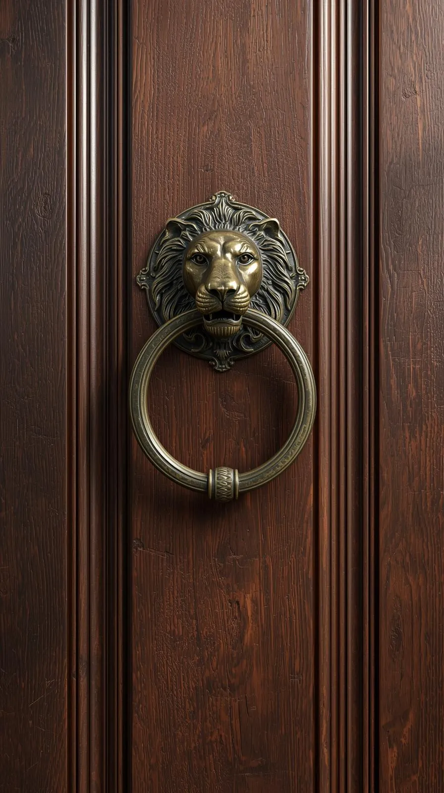 Gros plan sur une porte d'entrée ancienne en bois foncé, ornée d'un heurtoir en bronze majestueux en forme de tête de lion.