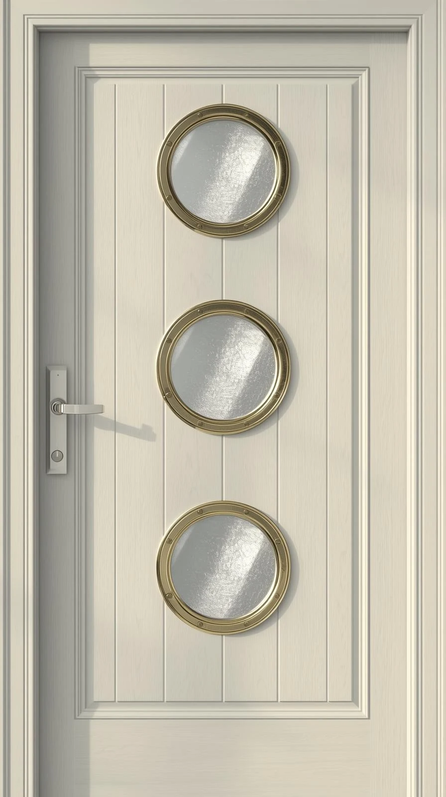 Une porte d'entrée blanche avec trois hublots ronds (style bateau) alignés verticalement, avec des cadres en laiton et une poignée moderne.