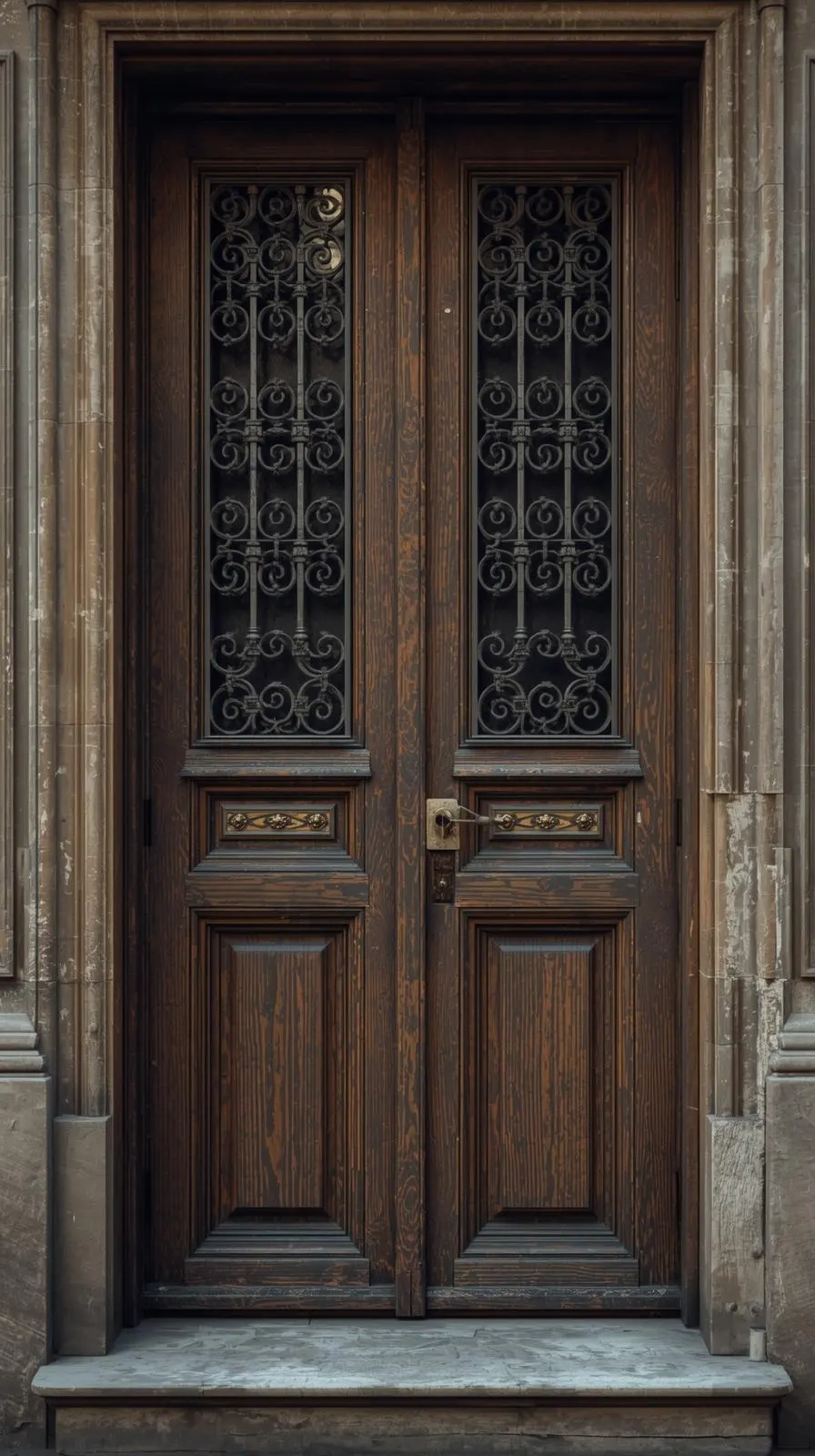 Une porte d'entrée ancienne en bois foncé avec des grilles en fer forgé (judas) complexes et décoratives sur les panneaux supérieurs.