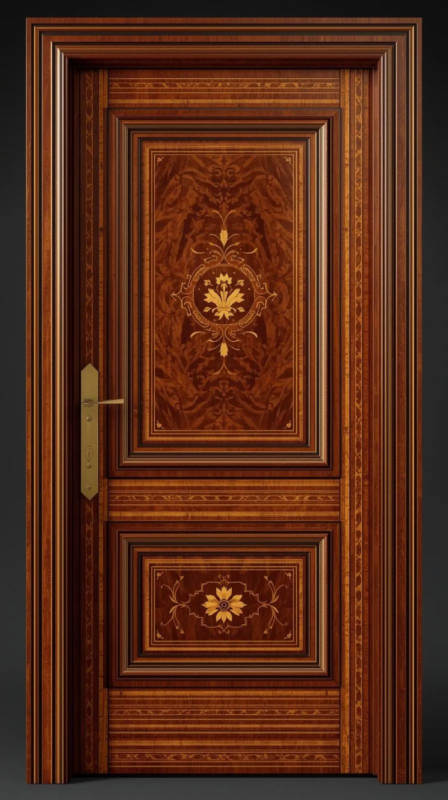 Une porte d'entrée ancienne en bois précieux, décorée de panneaux avec des motifs floraux en marqueterie (incrustation de bois).