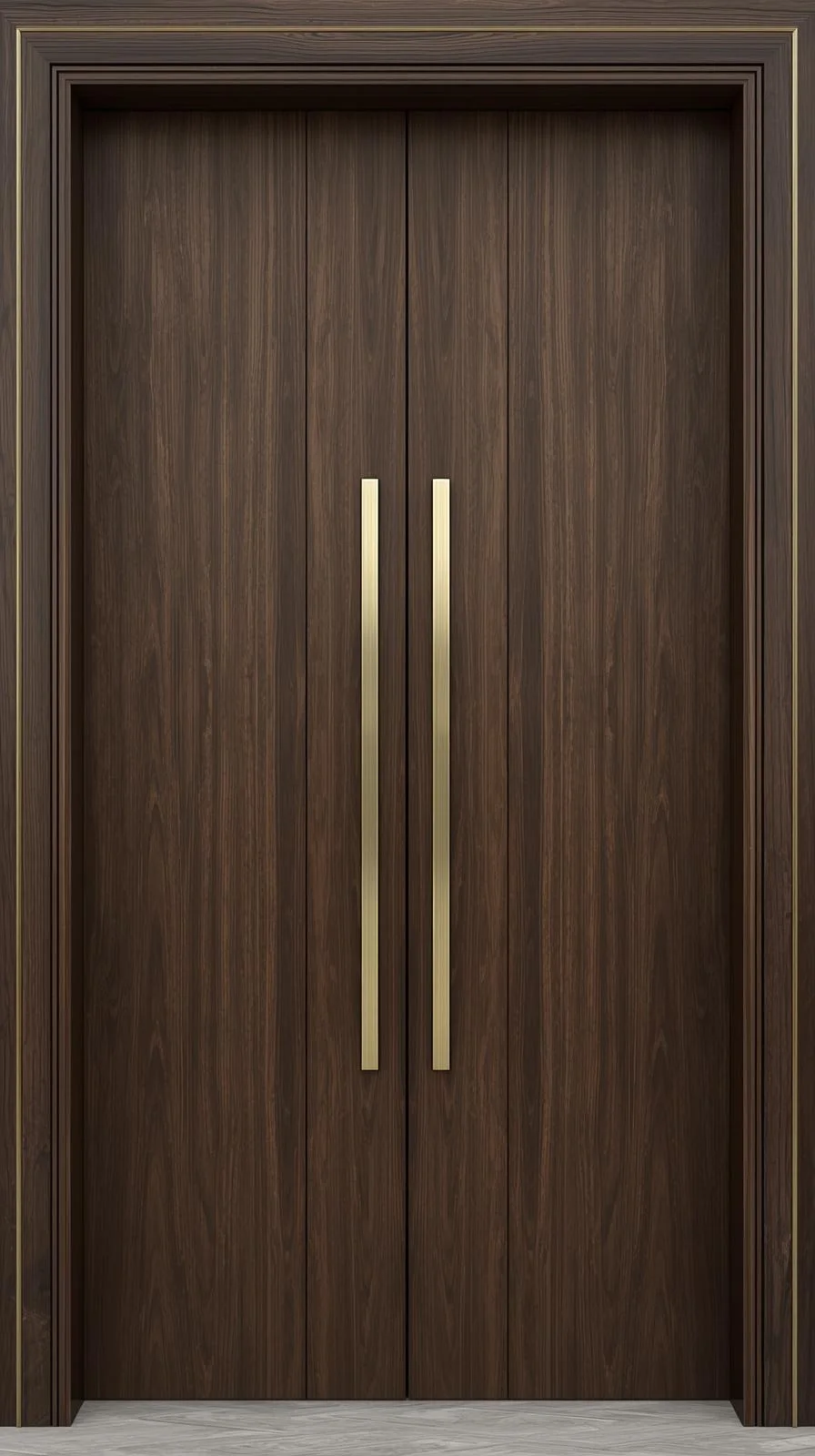 Une grande double porte d'entrée en bois de noyer foncé, rehaussée par deux longues poignées verticales XXL en laiton brossé.