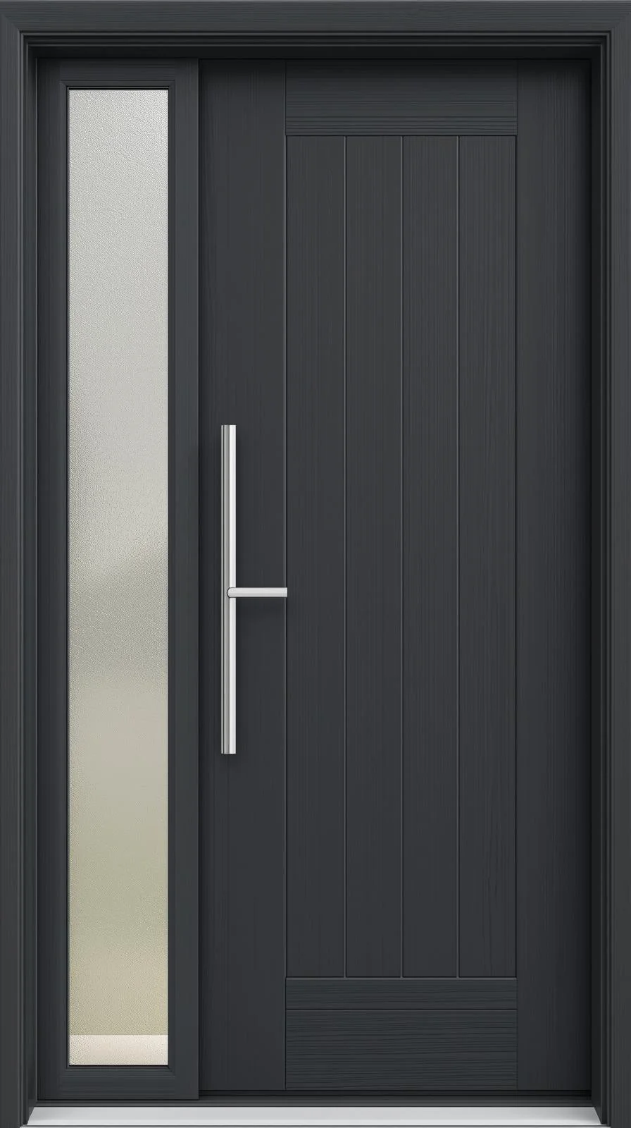 Une porte d'entrée moderne gris anthracite avec un panneau vitré latéral fixe (verre dépoli) et une longue poignée-barre en acier inoxydable.