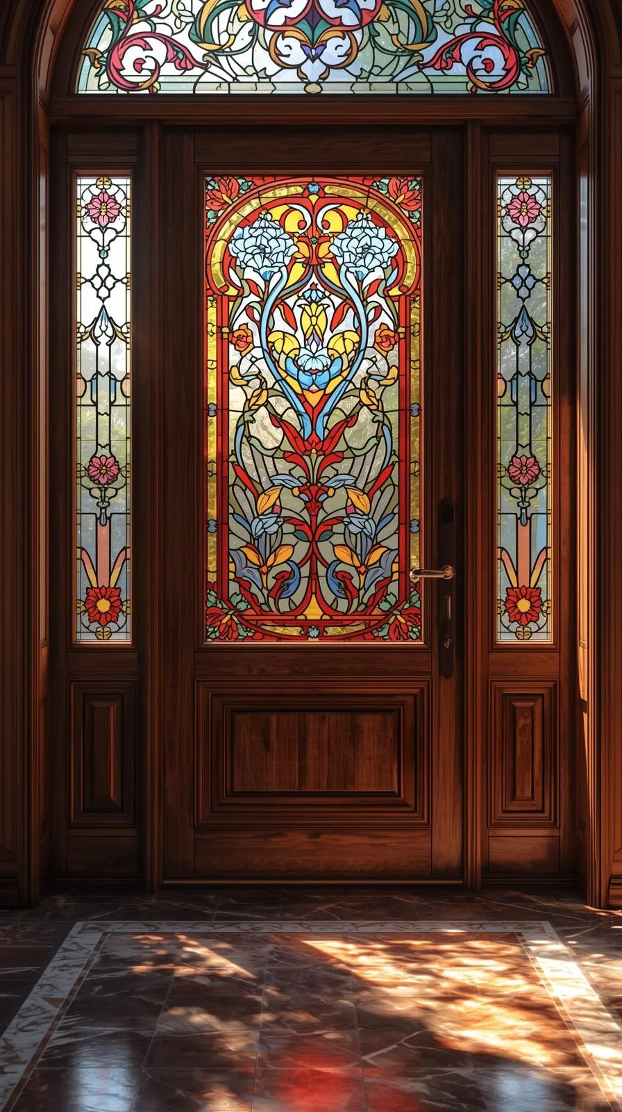 Une porte d'entrée ancienne en bois avec un grand panneau central et des panneaux latéraux en vitrail coloré de style Art Nouveau.