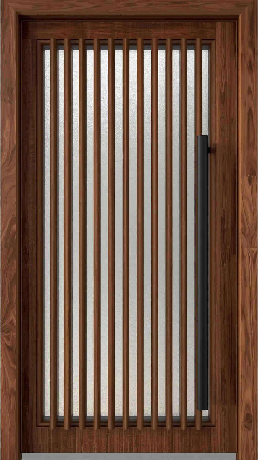 Une porte d'entrée en bois ajouré, avec des lattes verticales sur un fond de verre dépoli, et une longue poignée noire verticale.