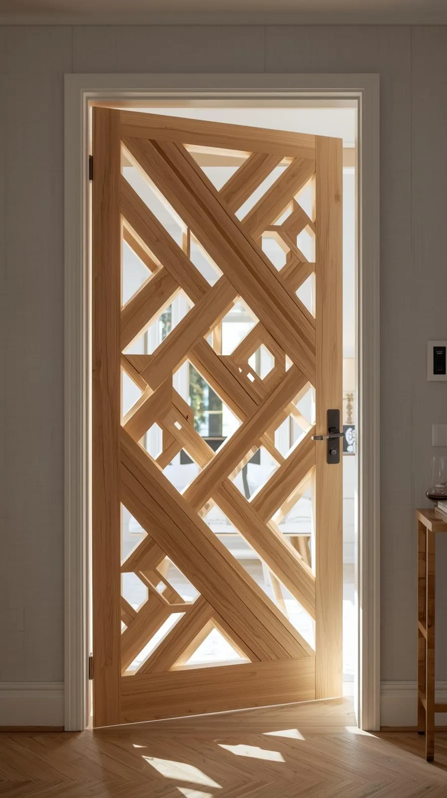 Porte d'entrée en bois clair au design sculptural, composée d'un motif ajouré de découpes géométriques diagonales laissant passer la lumière.