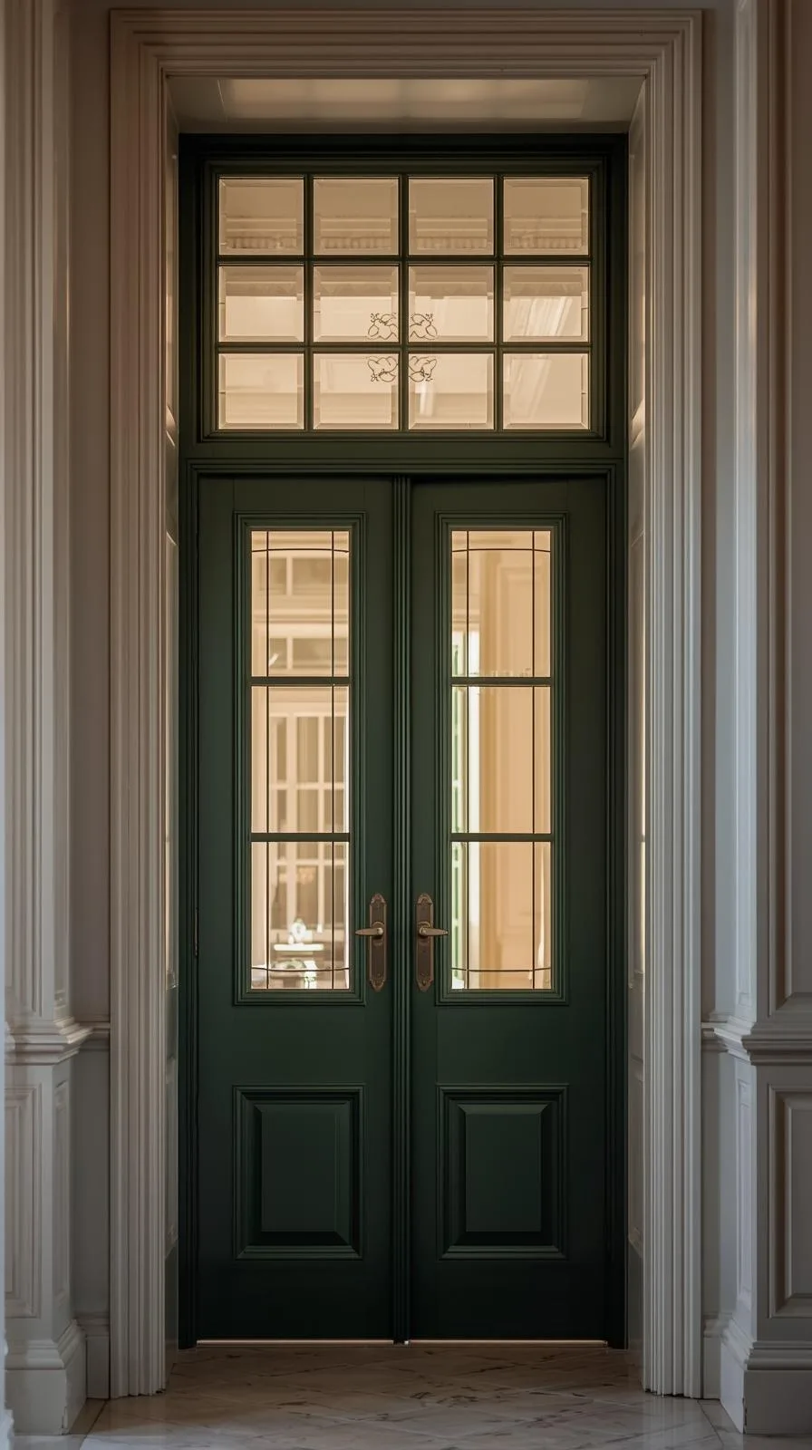 Élégante double porte d'entrée verte avec panneaux vitrés, surmontée d'une grande imposte vitrée fixe à carreaux pour plus de lumière.
