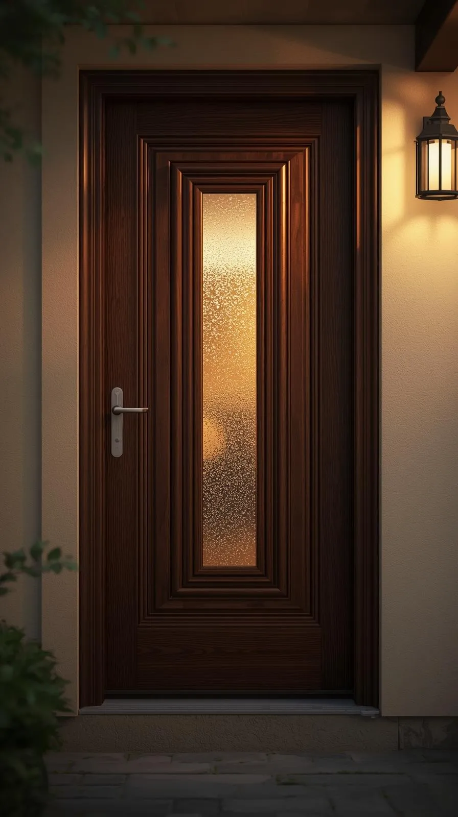 Porte d'entrée en bois foncé avec un long insert vertical en verre dépoli au centre, illuminée par une lumière intérieure chaude la nuit.