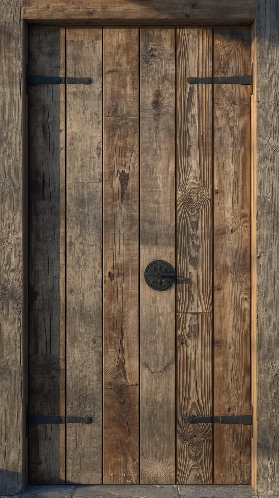 Une porte d'entrée en bois brut vieilli, style maison de campagne, avec des nœuds apparents, de grosses charnières et une poignée en fer forgé.