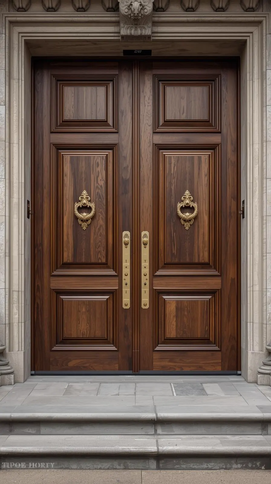 Majestueuse porte d'entrée double battant en bois foncé, avec panneaux symétriques, heurtoirs et poignées en laiton, dans une entrée en pierre.