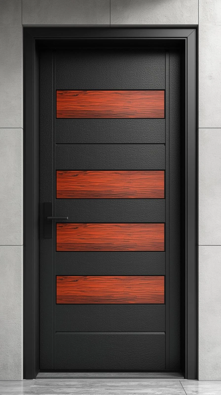 Une porte d'entrée design mélangeant une structure en métal noir et des inserts horizontaux en bois chaud (cèdre rouge), avec une poignée moderne.