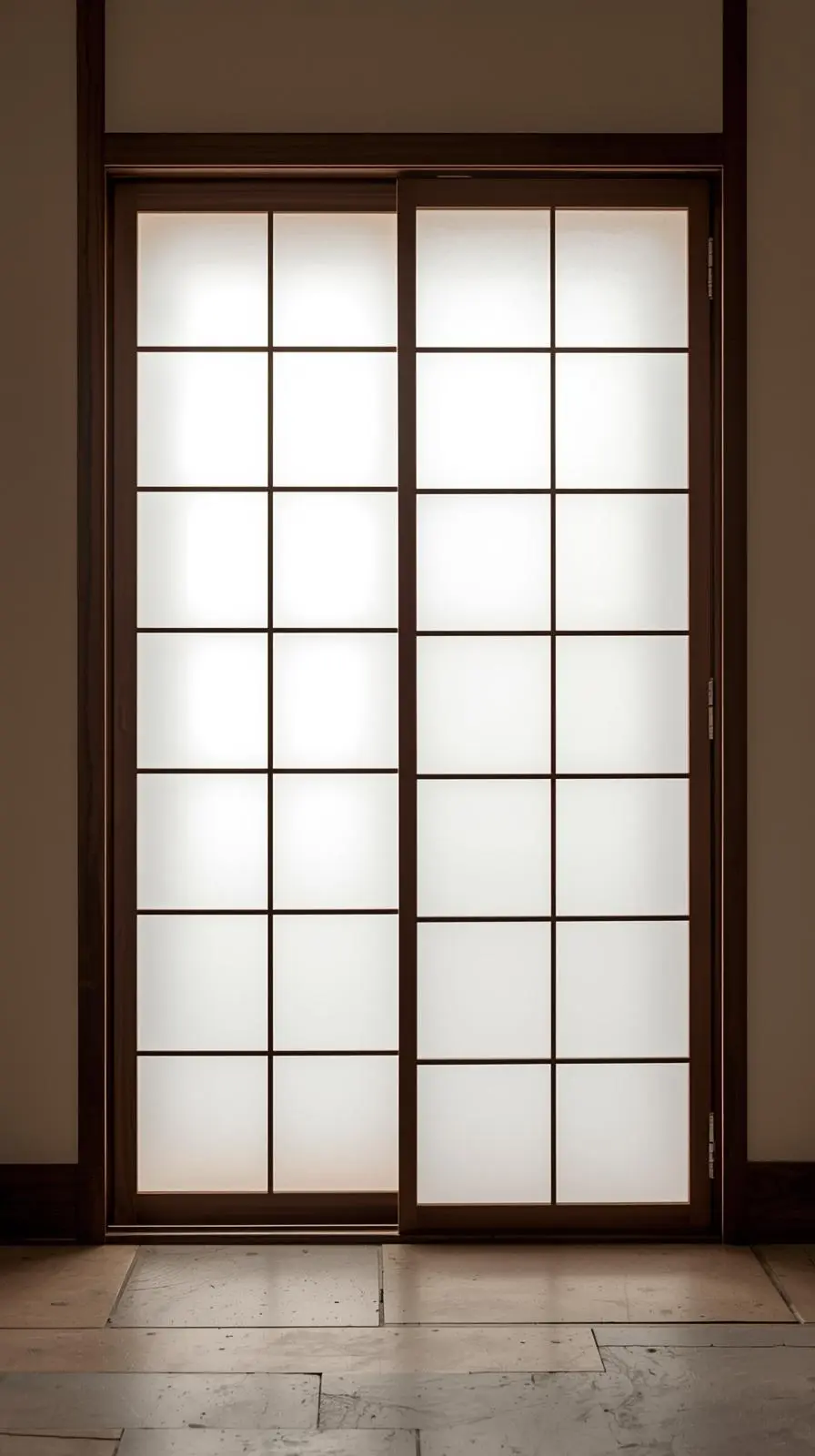 Porte d'entrée de style japonais "Shoji" avec un cadre en bois sombre et de grands panneaux translucides diffusant une lumière douce et zen.