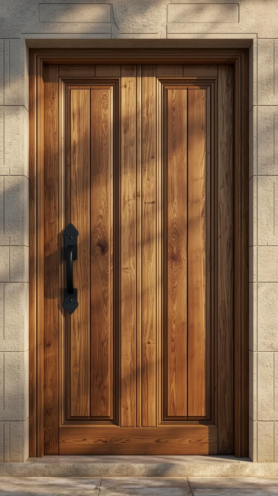Une grande porte d'entrée en bois massif de chêne, style classique avec une poignée en fer forgé noir, installée sur une façade en pierre.