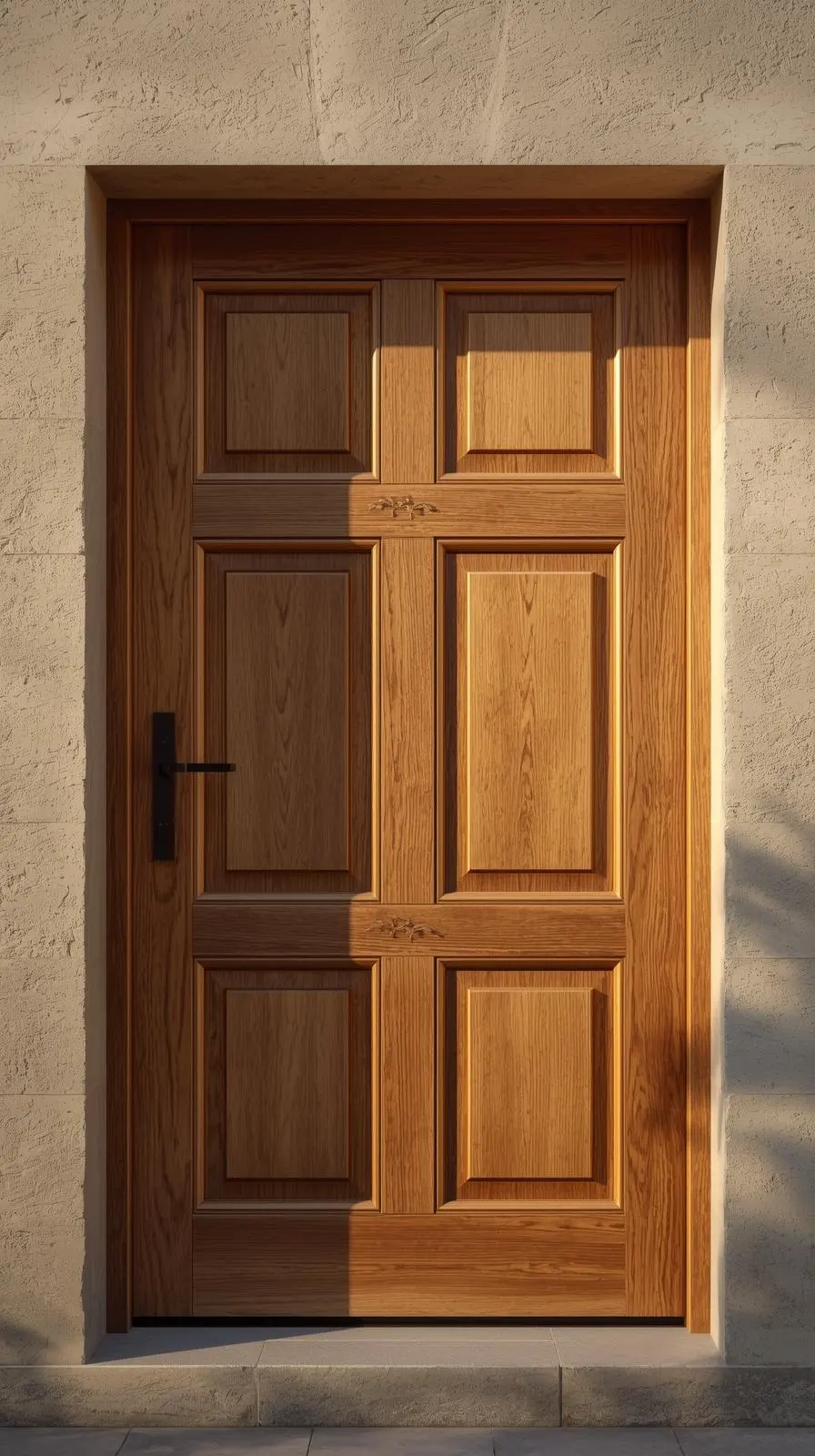 Une porte d'entrée traditionnelle en bois massif à six panneaux, finition chêne naturel, éclairée par le soleil rasant.