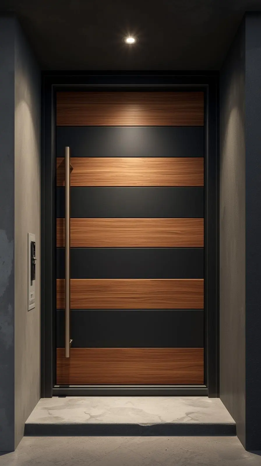 Porte d'entrée contemporaine mixte avec des panneaux horizontaux alternant bois chaud et métal noir mat, et une longue poignée verticale.