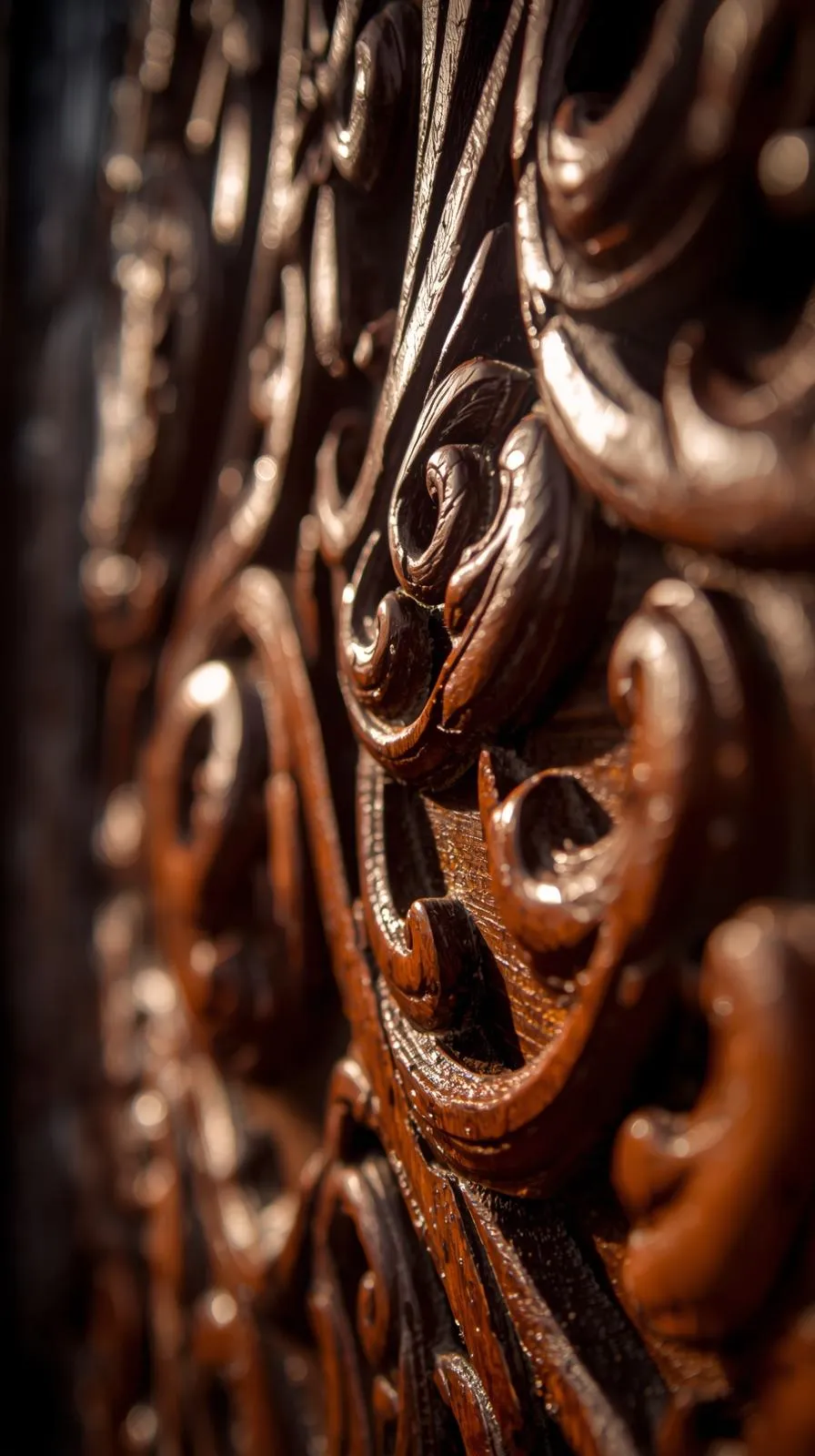 Gros plan sur une porte en bois foncé richement sculptée à la main, montrant des motifs floraux et des volutes en relief.