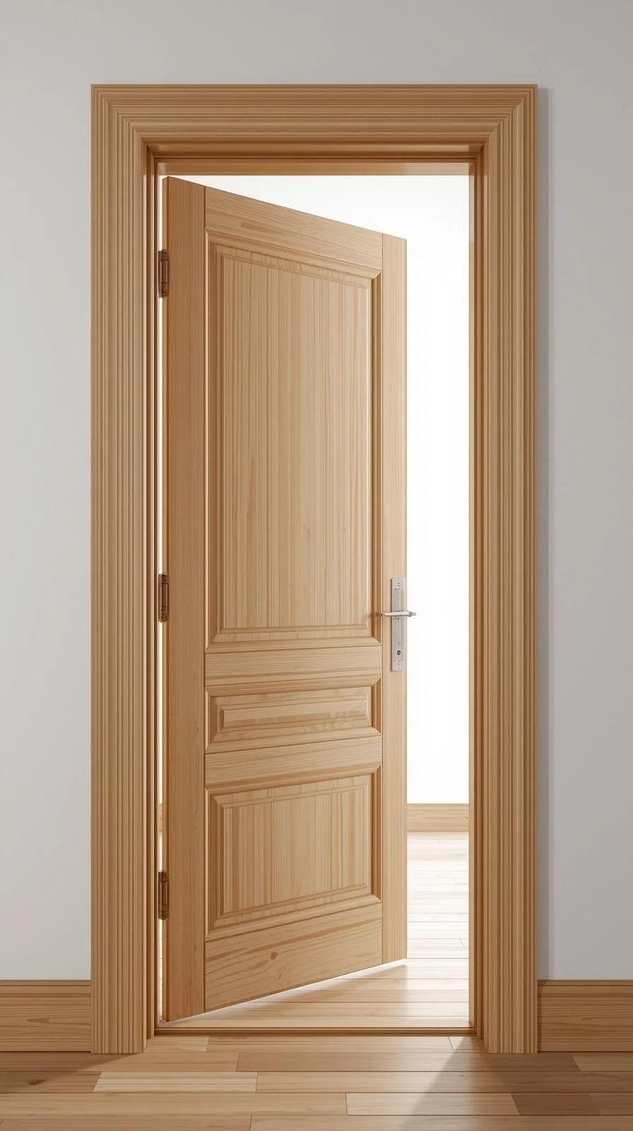 Une porte d'entrée en bois clair d'apparence classique, mais conçue pour une haute performance thermique et isolante.