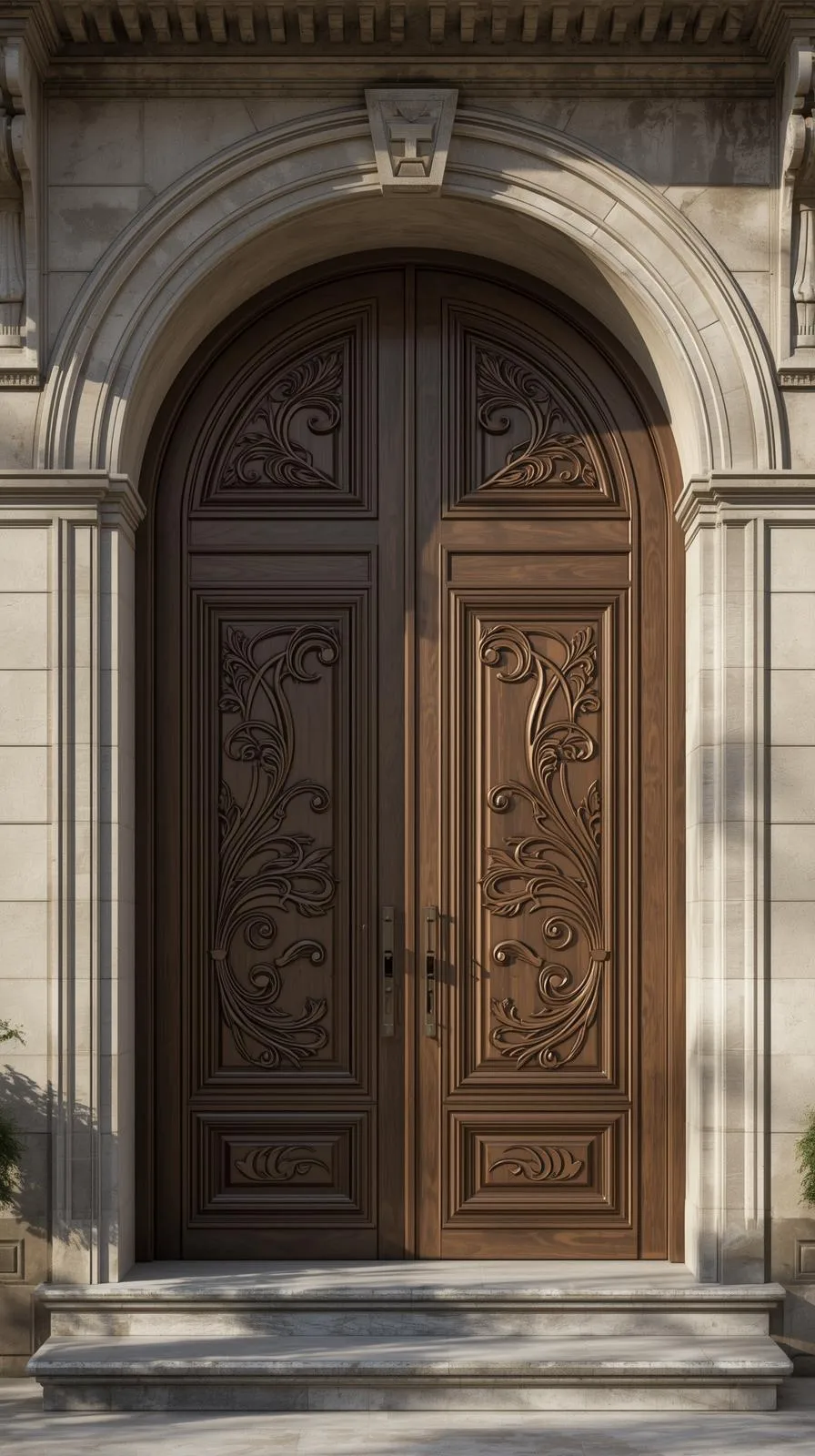 Une porte d'entrée ancienne en bois cintrée, à double vantaux, avec des sculptures, insérée dans une arcade en pierre.