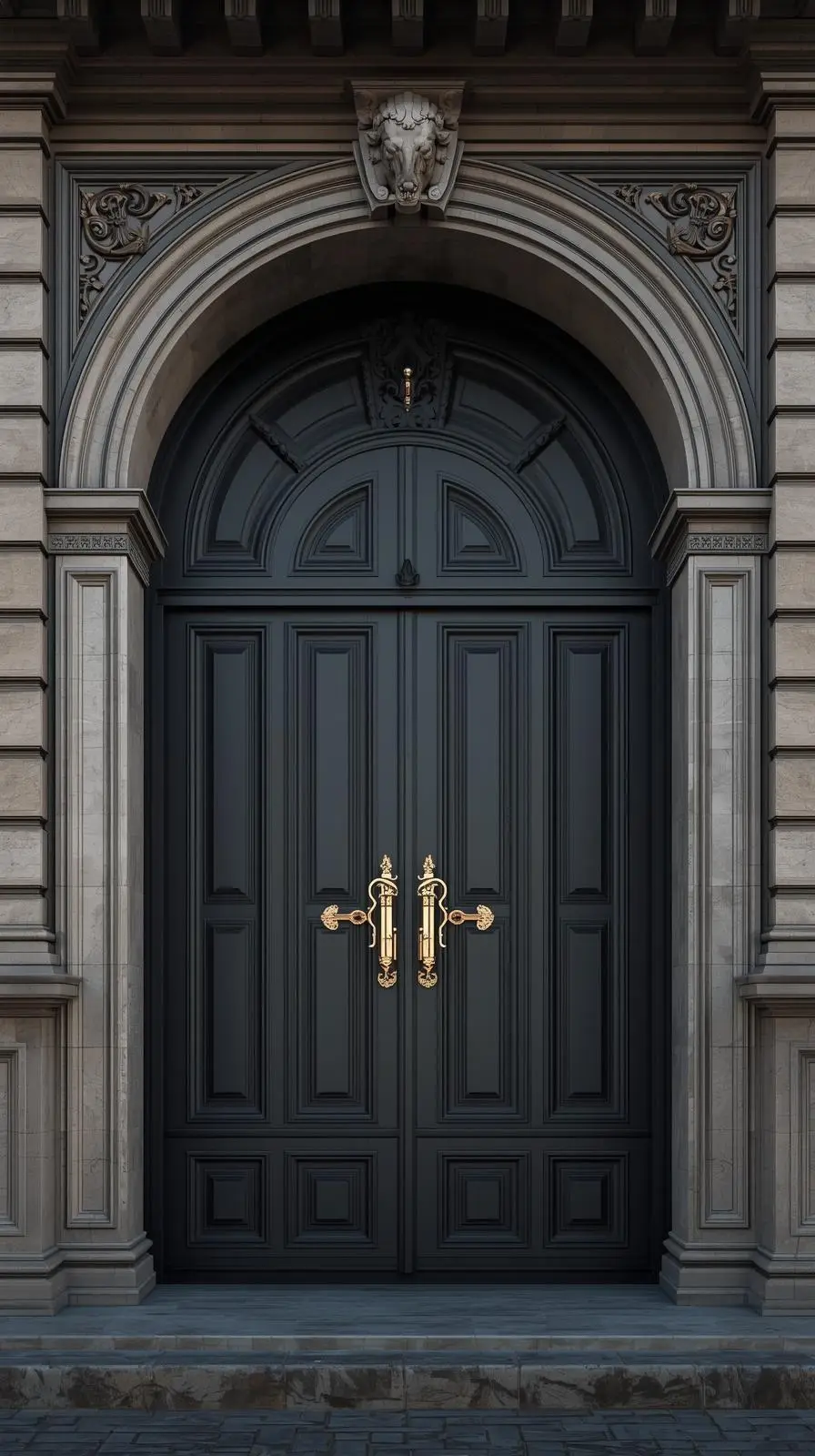 Une porte cochère ancienne, noire, monumentale et cintrée, à double vantaux, insérée dans une façade d'hôtel particulier en pierre.