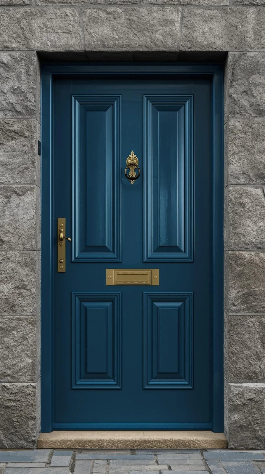 Une grande porte d'entrée bleu profond (bleu pétrole), avec des moulures classiques et une quincaillerie en laiton doré, sur un mur en pierre.