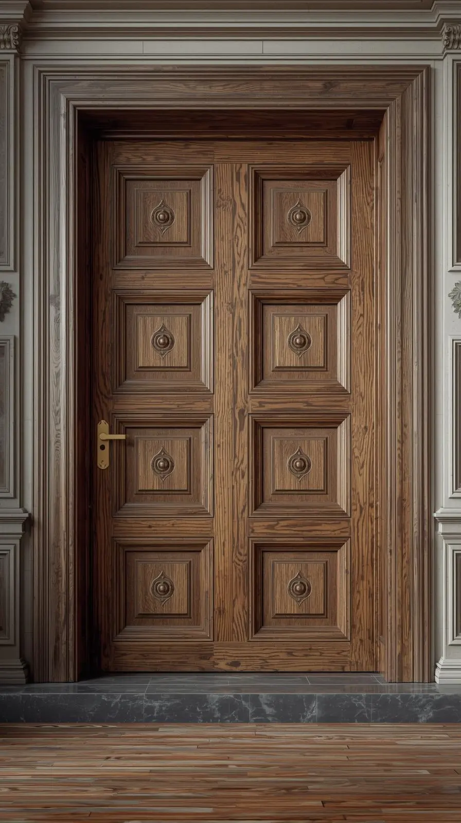 Une porte d'entrée ancienne en chêne massif avec huit panneaux en relief et des moulures travaillées, dans un intérieur classique.