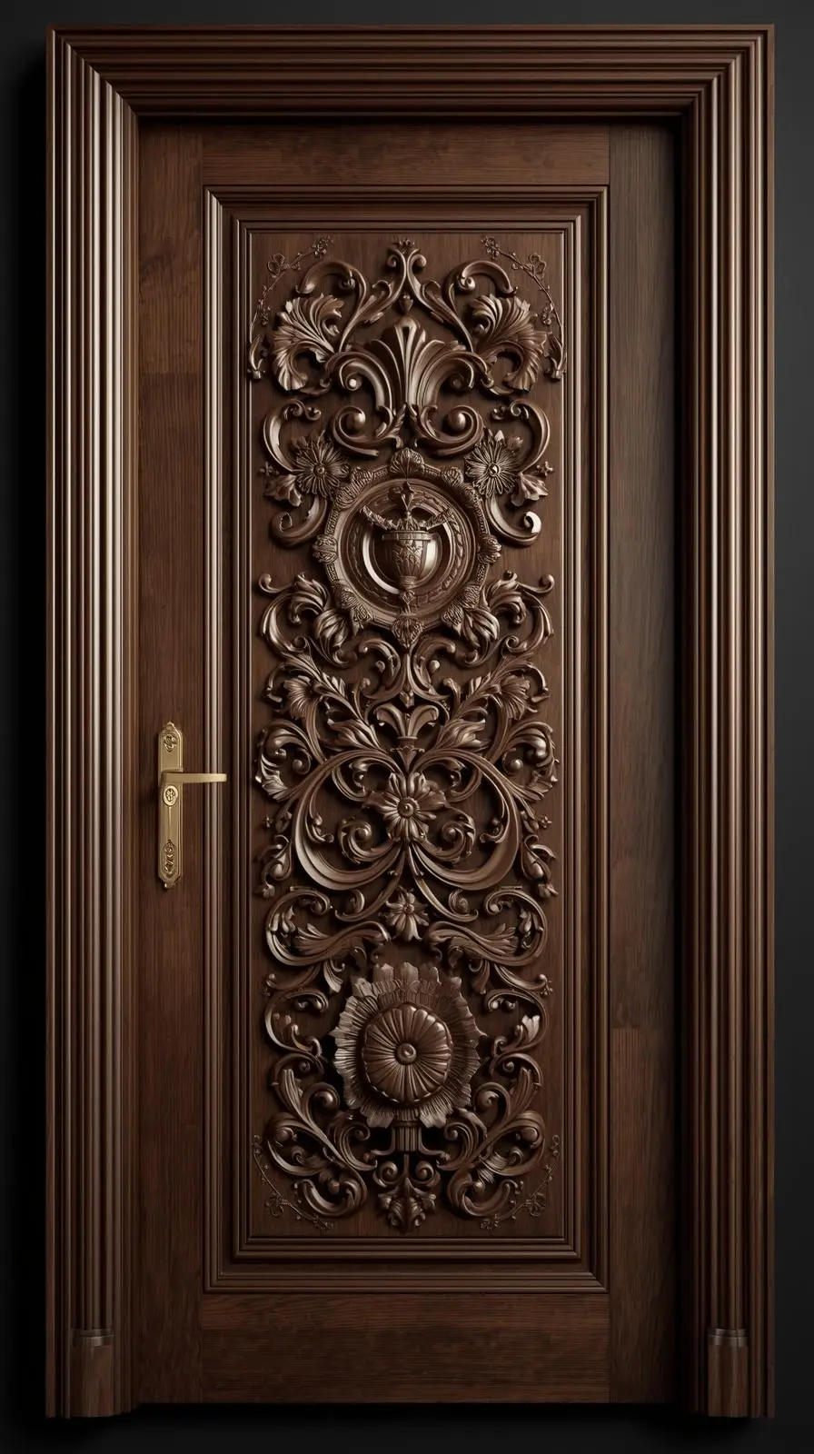 Une porte d'entrée ancienne en noyer massif, richement sculptée à la main avec des motifs floraux et des arabesques en relief.