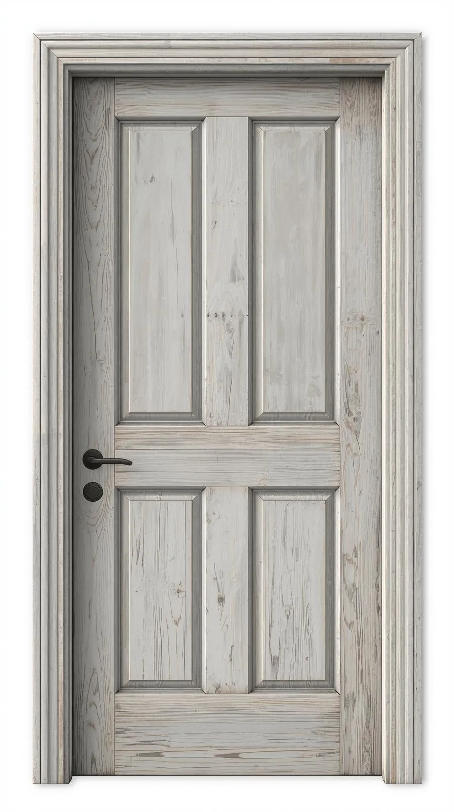 Une porte d'entrée ancienne en pin avec des panneaux, montrant une patine gris argenté naturelle due au vieillissement.