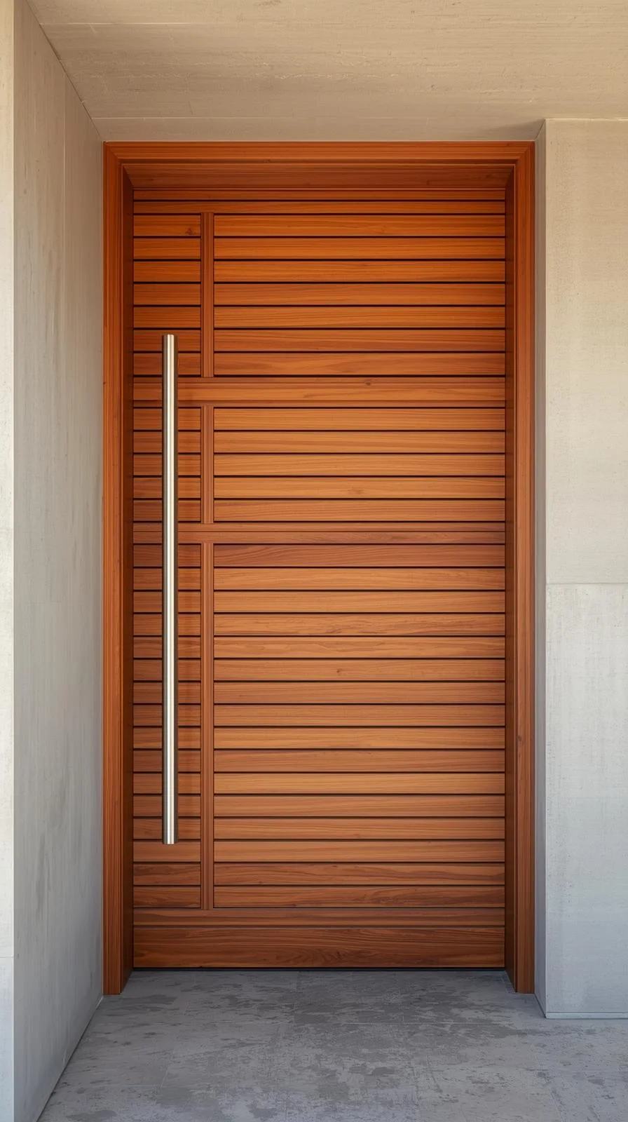 Porte d'entrée contemporaine en bois composée de lames horizontales, avec une longue poignée verticale en métal, insérée dans un mur en béton.
