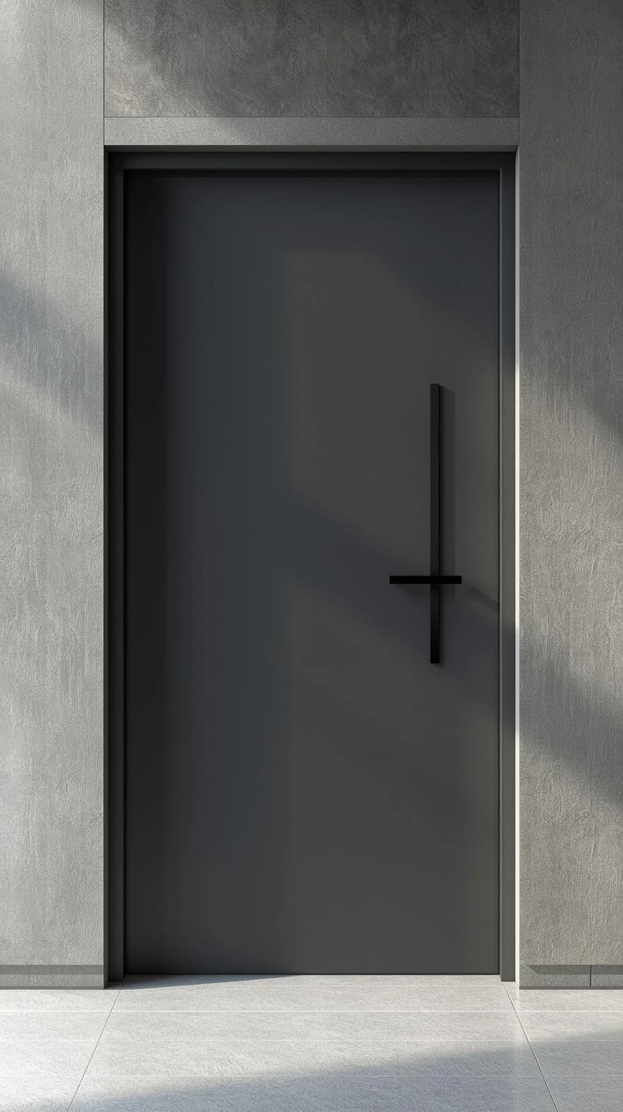 Une porte d'entrée monobloc minimaliste, gris anthracite, affleurante à un mur en béton texturé, avec une poignée design noire.