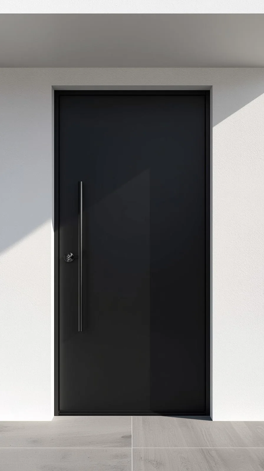 Une grande porte d'entrée noire mat contemporaine, avec une longue poignée verticale en métal, contrastant sur un mur de façade blanc moderne.