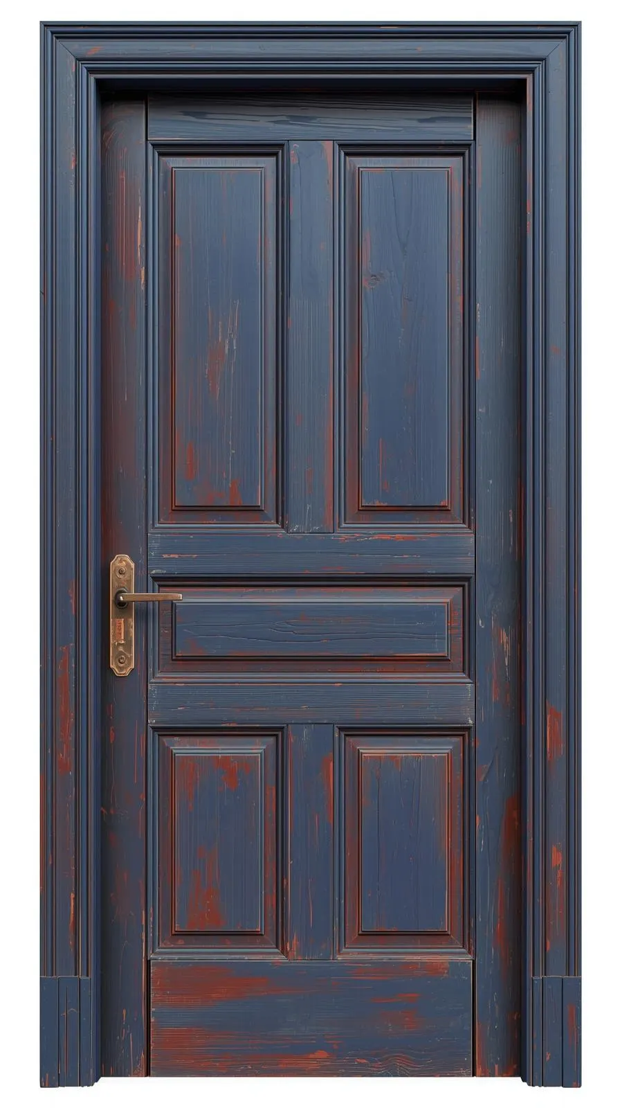Une porte d'entrée ancienne à panneaux, peinte en bleu roi (bleu profond) avec une patine qui laisse apparaître le bois en dessous.