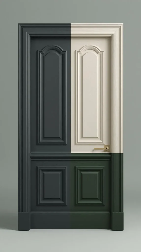 Une porte ancienne à panneaux peinte en deux couleurs : un gris-bleu foncé en bas et un blanc cassé en haut.