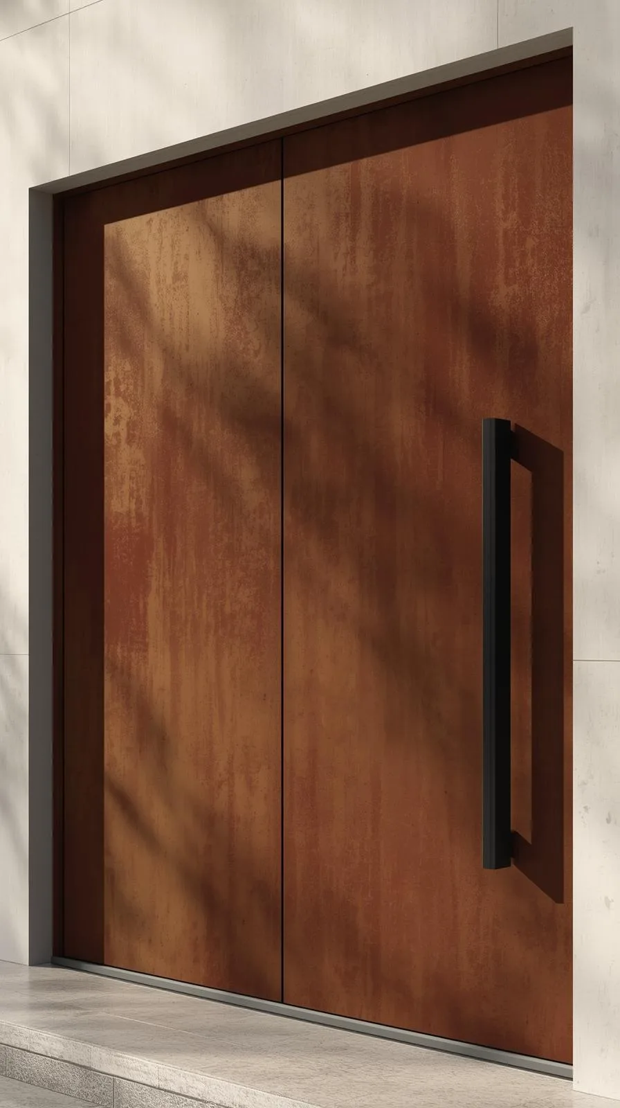 Une porte pivotante monumentale en acier Corten (aspect rouillé), affleurante au mur, avec une poignée noire design verticale.