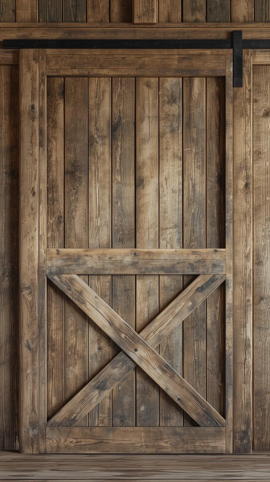 Une porte d'entrée ancienne et rustique, de style grange, faite de planches de bois verticales et d'une traverse en X.